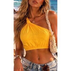 Farm Rio One Shoulder Crop Tank Top Yellow XS Linen Blend Summer Beach Boho Rare
